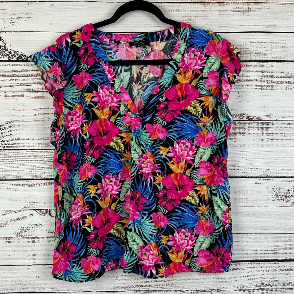 Women's Anne Carson Black Tropical Bold Floral Print V Neck Sleeveless Blouse XL